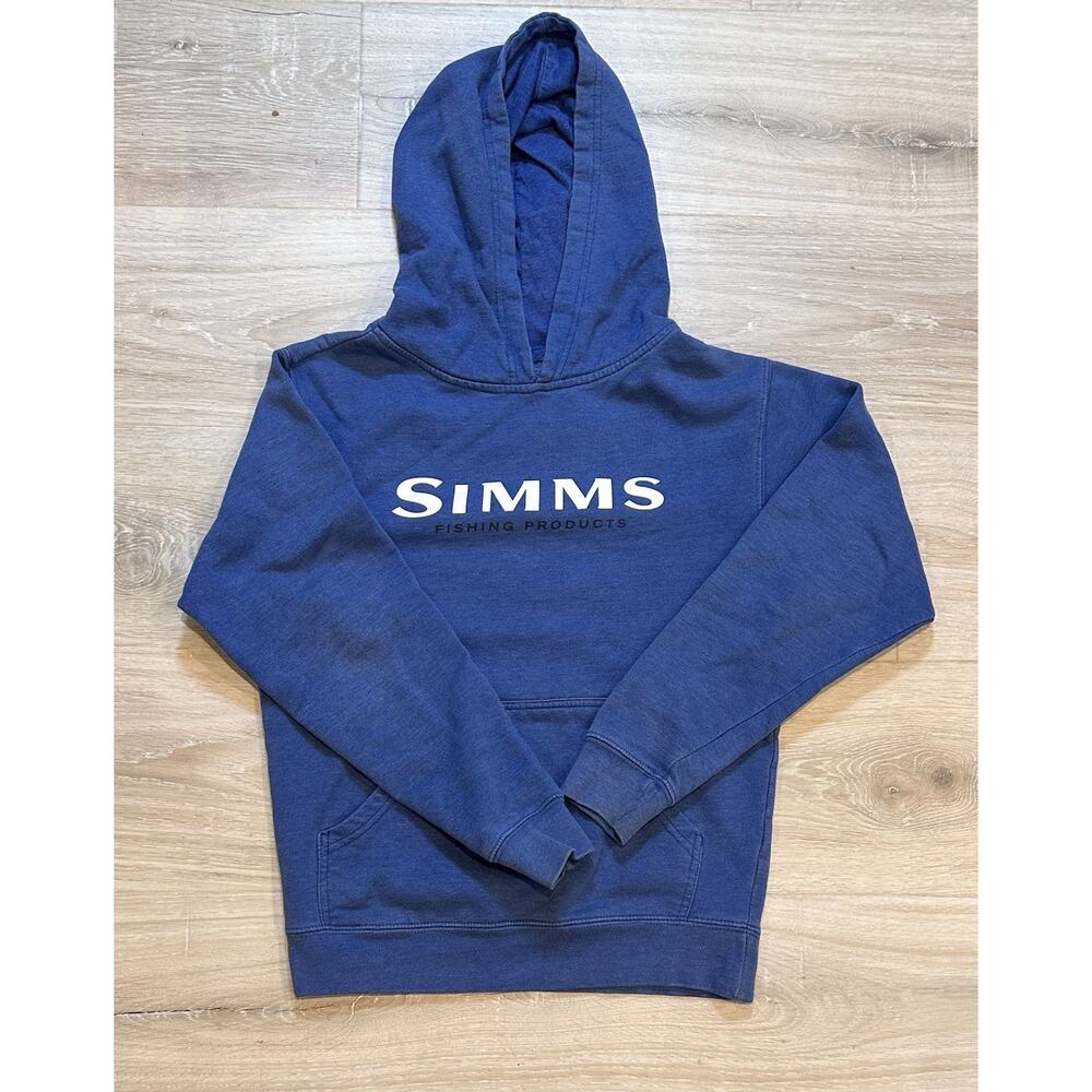 Simms Fishing Logo Hoodie Sweatshirt Pullover Blue Size M Youth Outdoor Camping